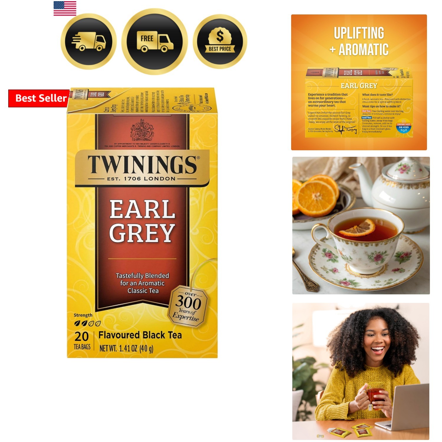 Earl Grey Black Tea Individually Wrapped Bags, 20 Count Pack of 1, Flavoured …