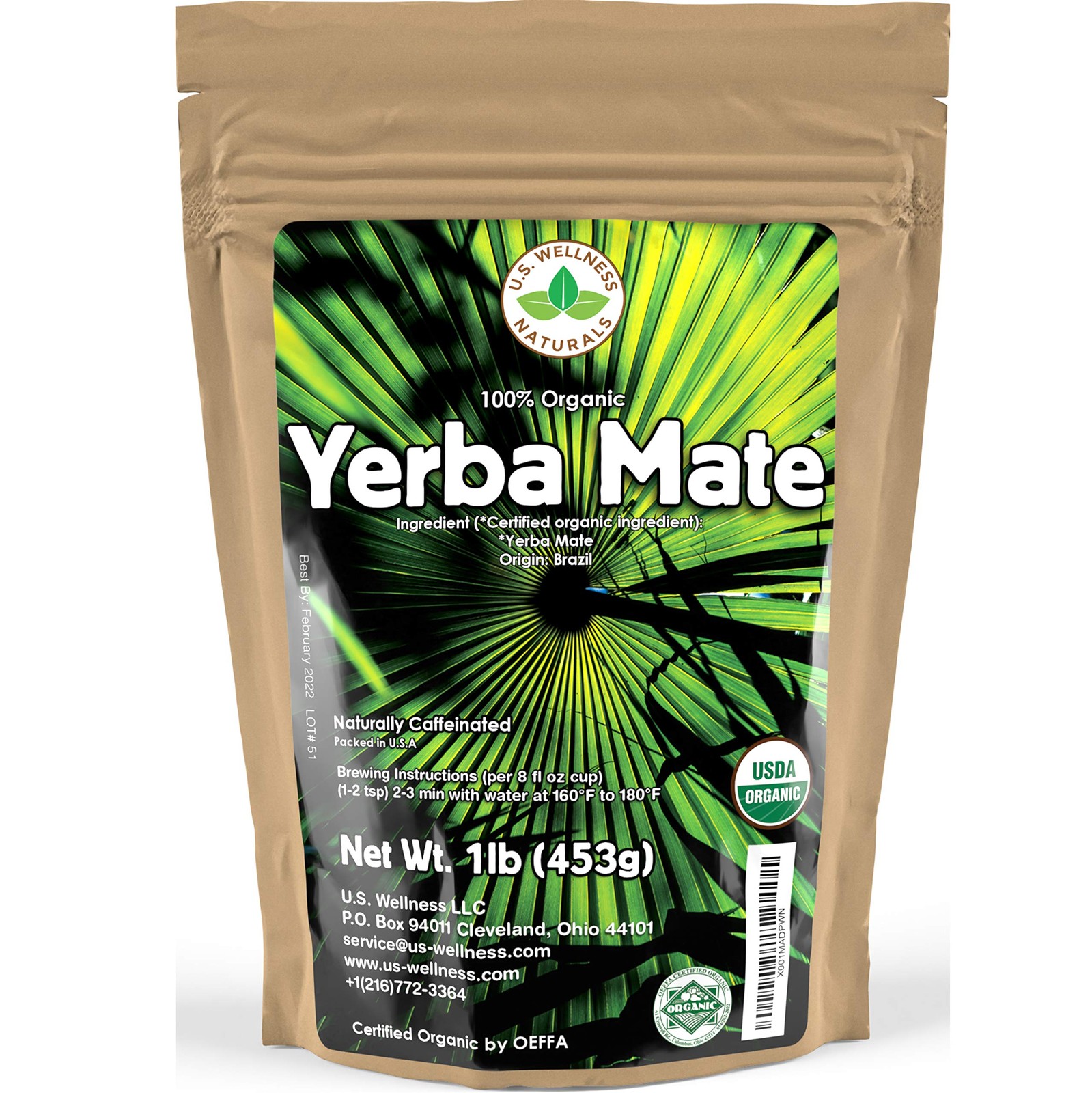 Yerba Mate Tea 1LB (16Oz) HI-CAFFEINE 100% CERTIFIED Organic SUPER-GREEN Yerb…