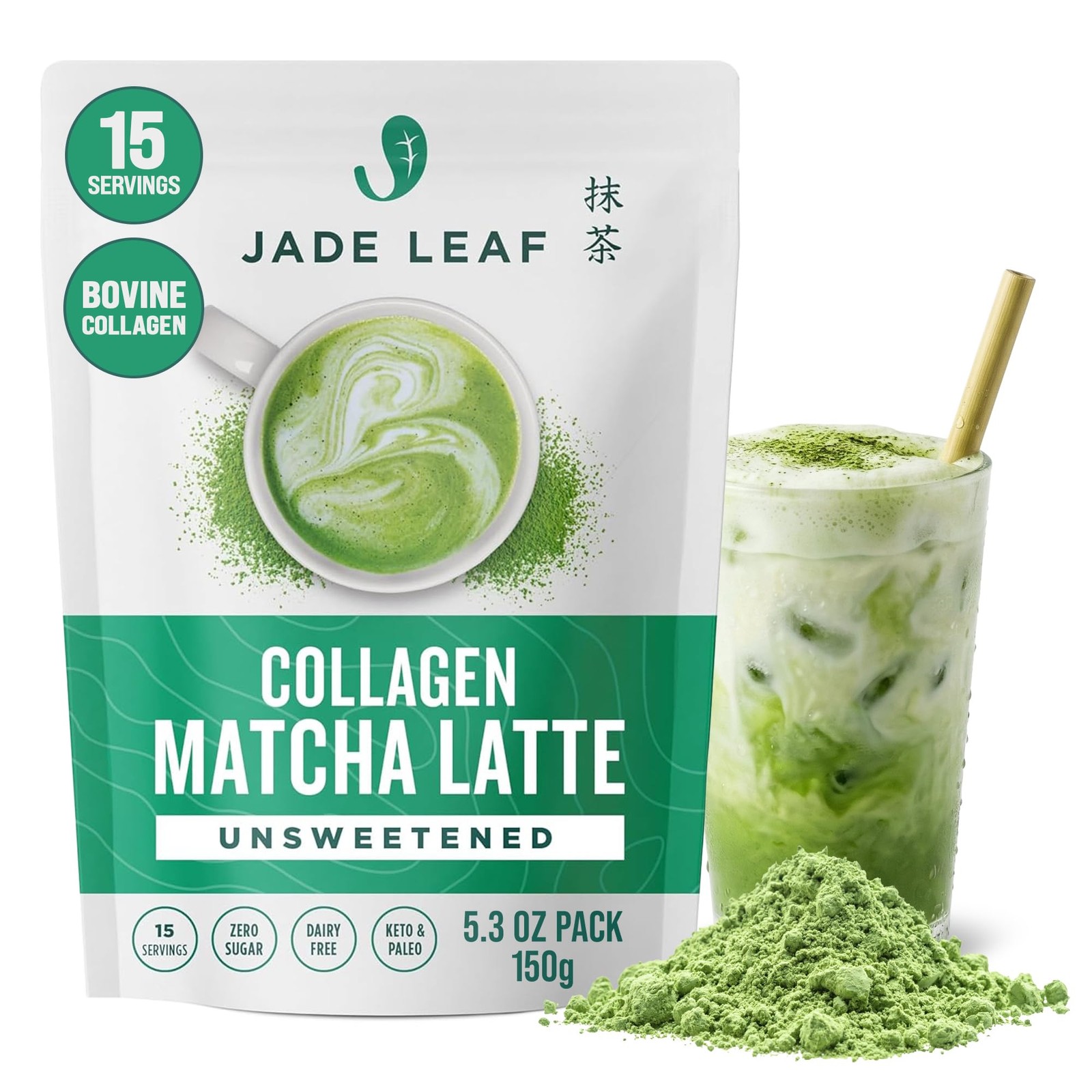 Jade Leaf Matcha Latte Powder with 5.3 oz (Pack of 1), Unsweetened Collagen