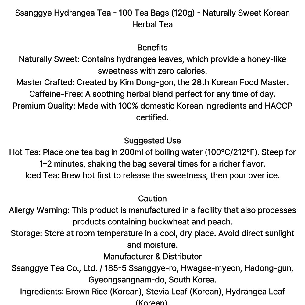 Ssanggye Hydrangea Tea 100ct Naturally Sweet Sugar-Free Korean Herbal Tea Bags