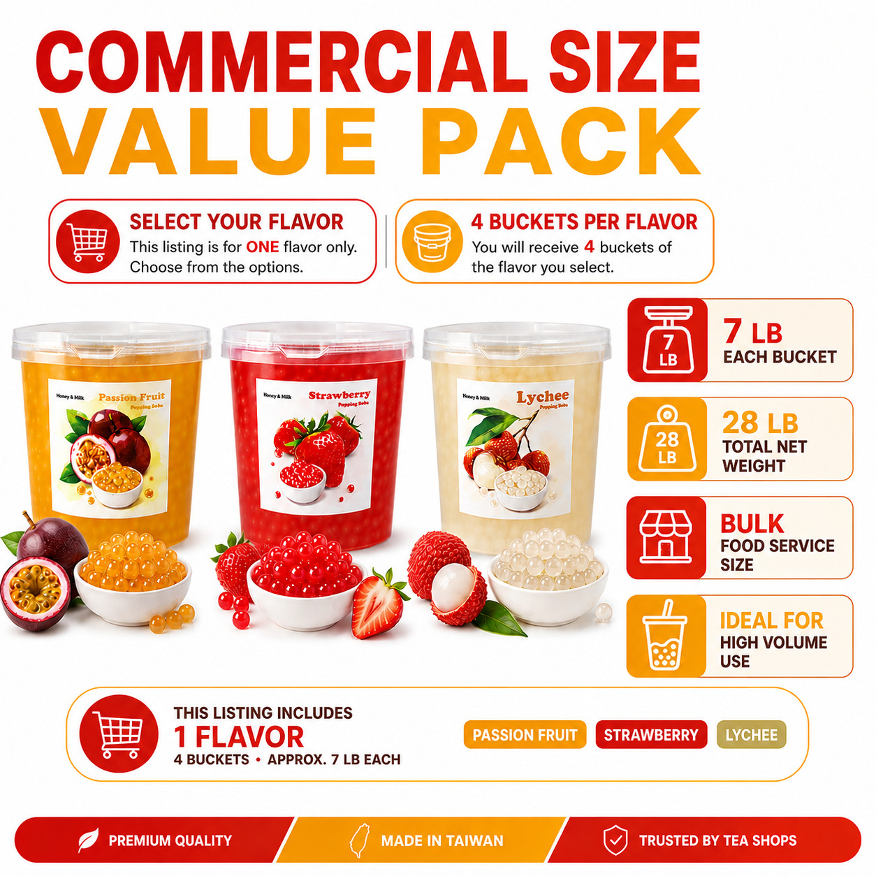 Honey&Milk Popping Boba 4 Pack 3.2KG Passion Fruit Strawberry Bubble Tea Taiwan