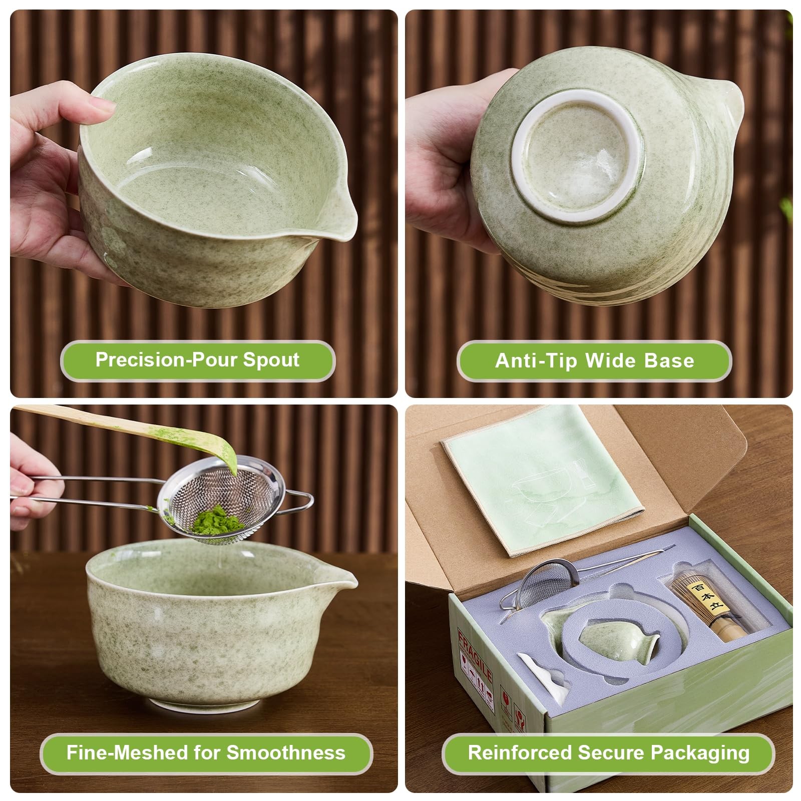 Matcha Whisk Set 7 Pcs – Bowl with Spout, Bamboo Whisk, Sifter, Scoop – Ideal