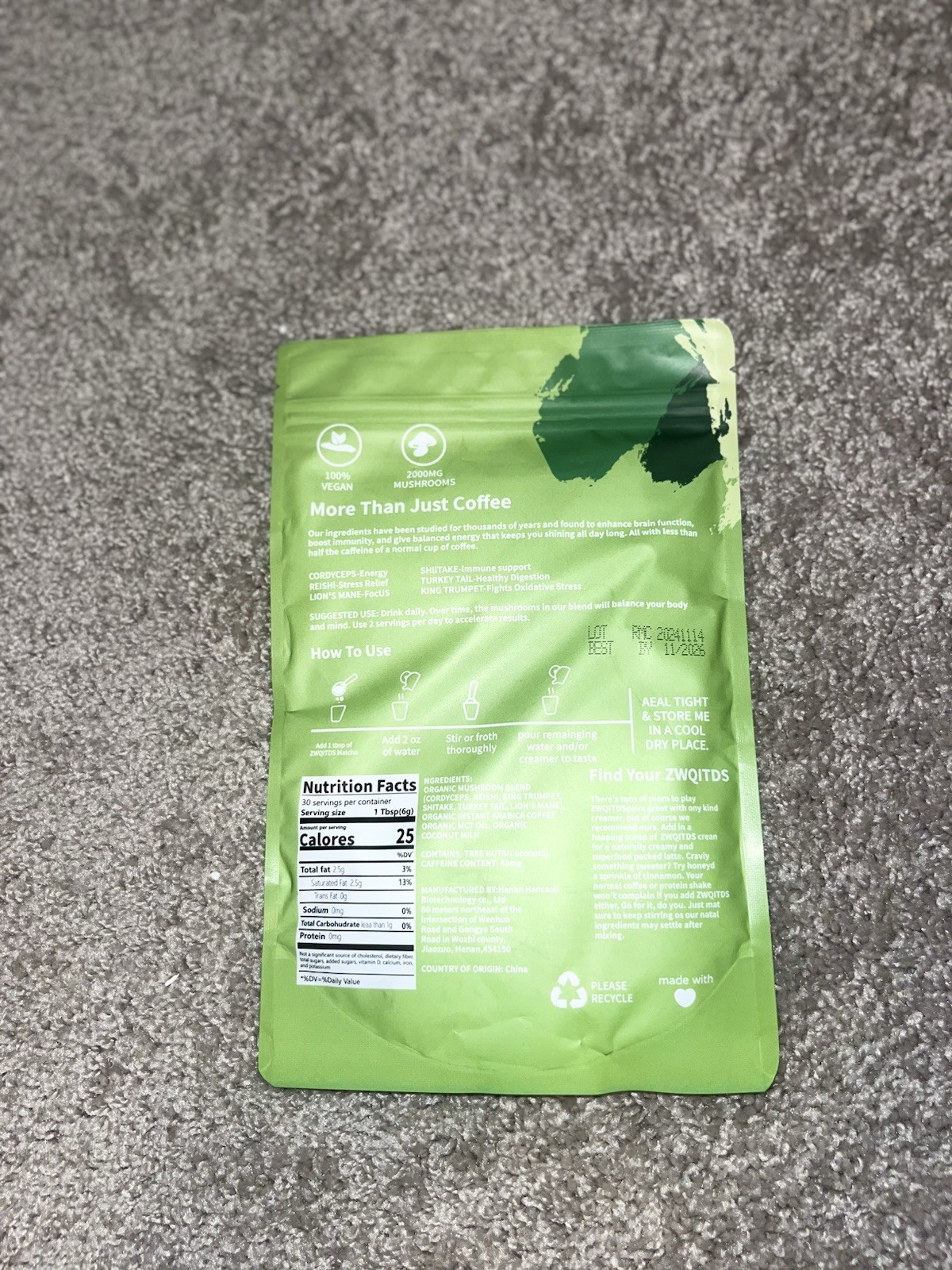 ZWQITDS Mushroom Matcha Tea Powder 6.35 oz 100% Vegan Tea & Infusion Pantry