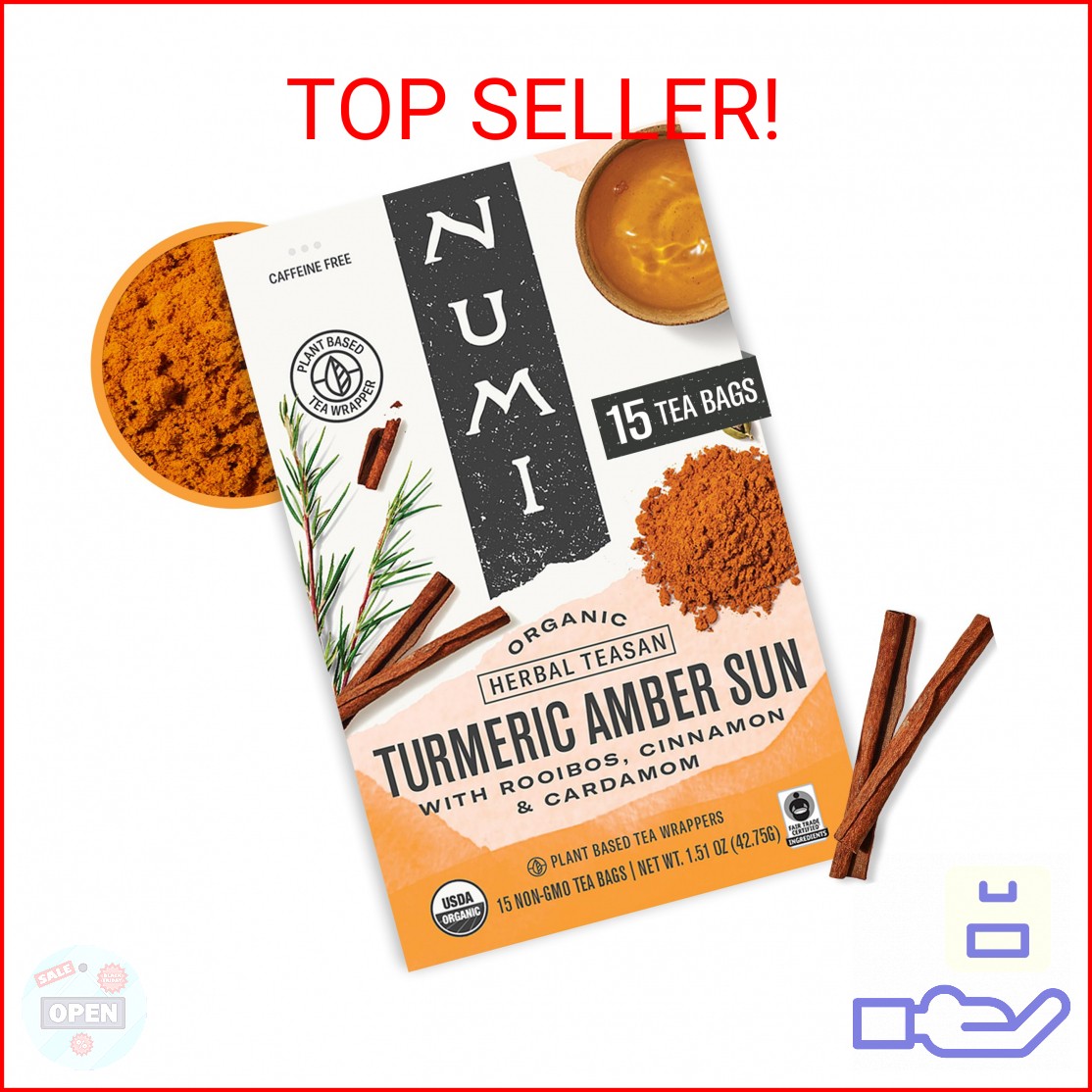 Numi Tea Organic Amber Sun Turmeric Tea, 15 Herbal Tea Bags, Caffeine Free