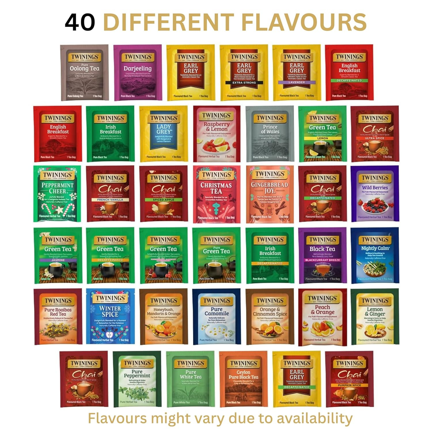 Tea Bag Sampler Assortment, Variety Pack (40 Count), 40 Unique Flavours for Tea