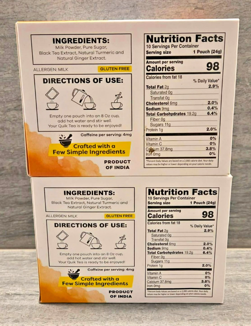 Lot of 2 Quik Tea Tumeric Ginger Instant Chai Tea Latte – 10 servings Each