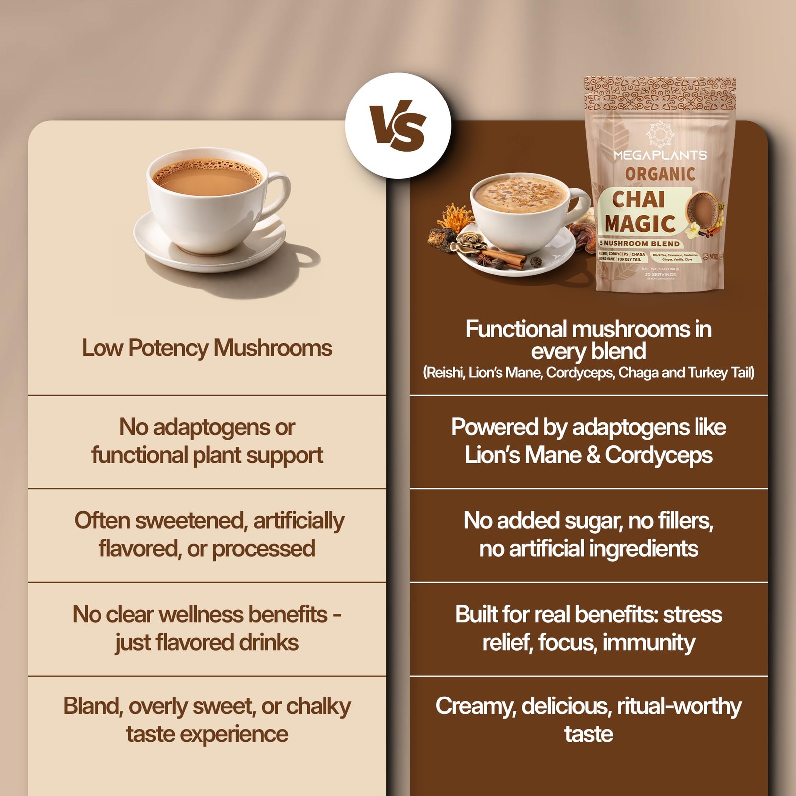 MEGAPLANTS Chai Magic 30 Servings | Superfood 5 Mushroom Powder Blend for Foc…