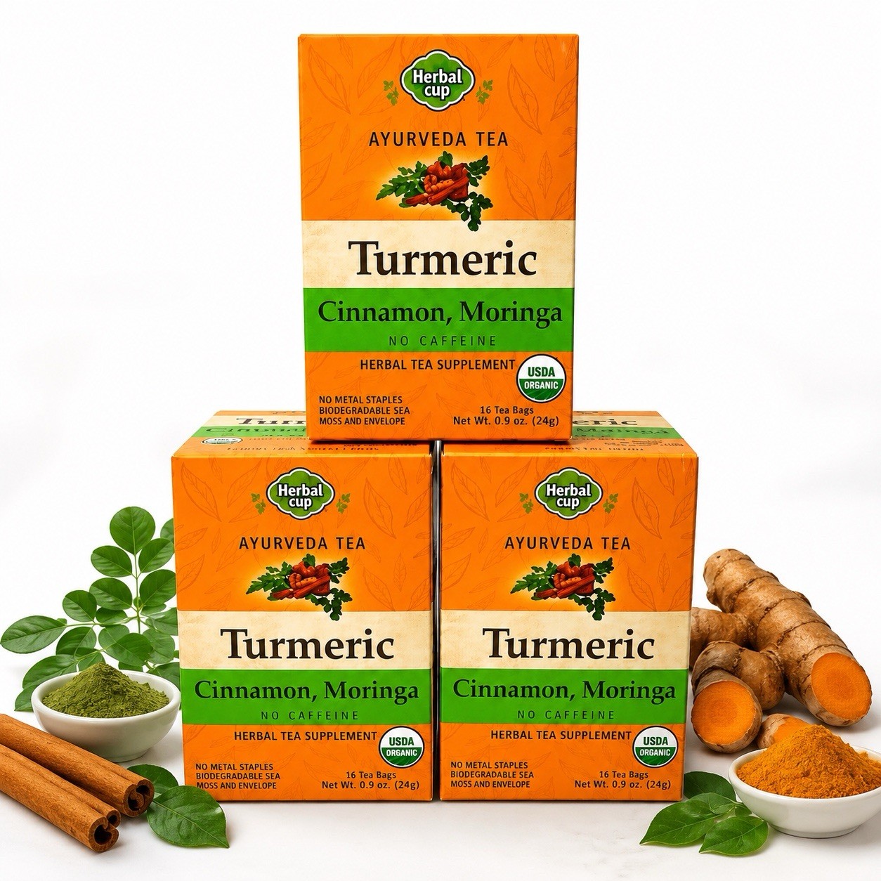 Tea Turmeric Cinnamon Moringa 16 Bags (Case Of 3) By Herbal Cup Exp 12/31/2029