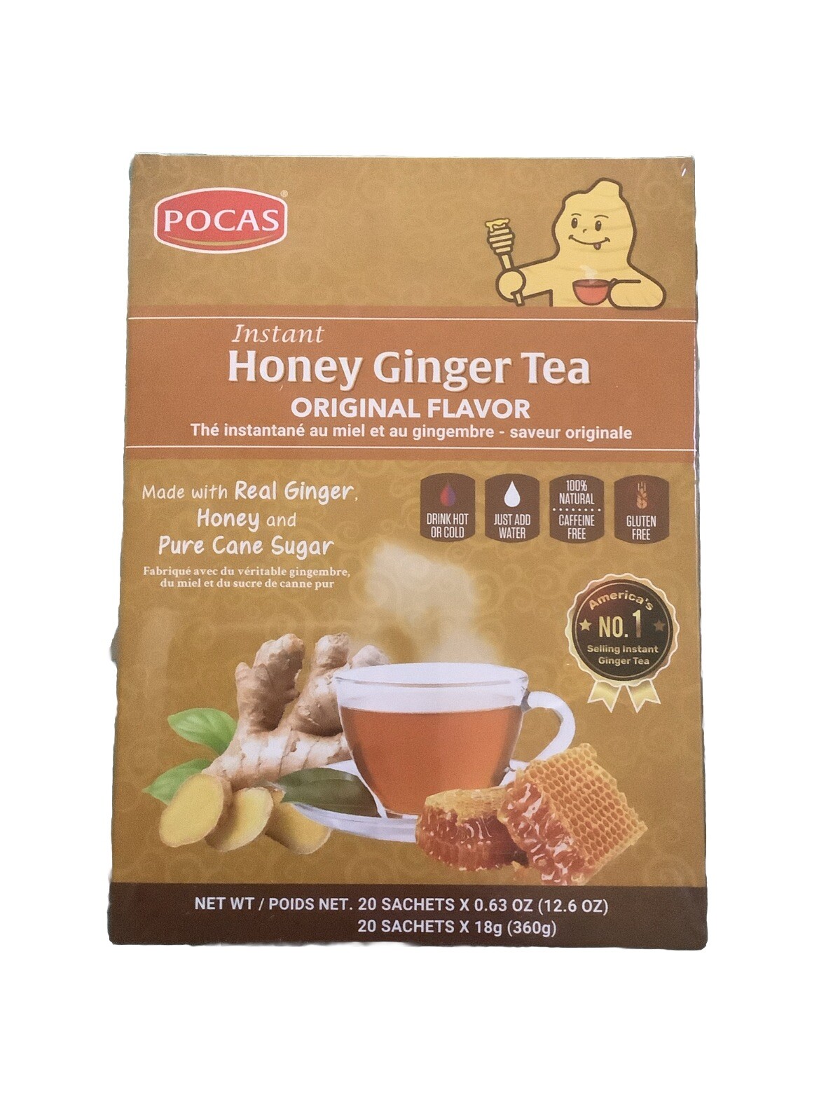 Pocas Ginger Tea With Honey Instant 12.6oz (20 bag) with Real Ginger NIP