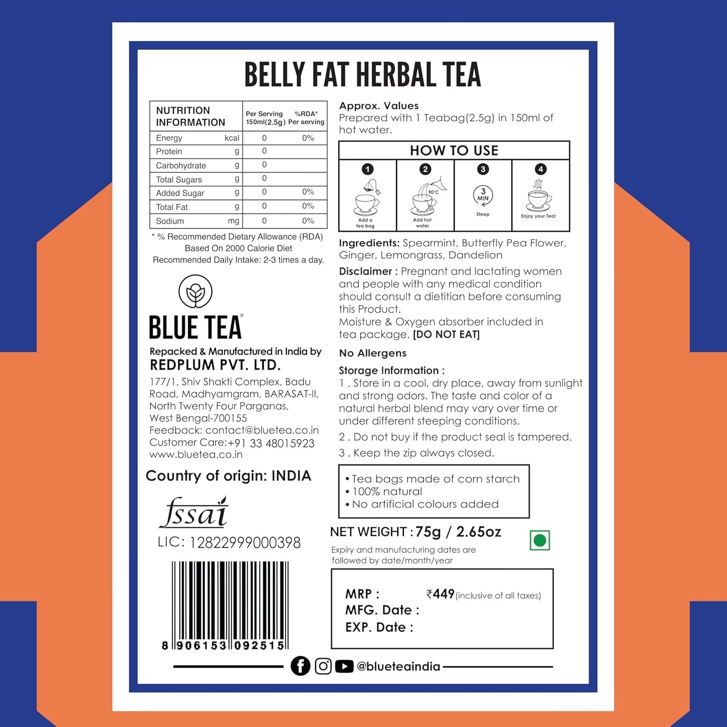 BLUE TEA Belly Fat 30 Tea Bags Pyramid Plant Based Caffeine Free Herbal Tea