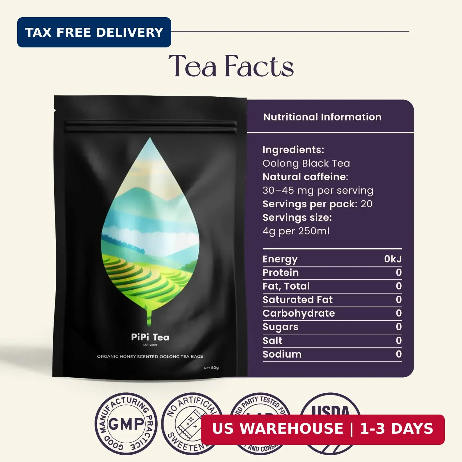 PiPi Tea Organic Oolong Tea Bags – Whole Leaf, 20 Bags (4g Each) – Cortisol & Ca
