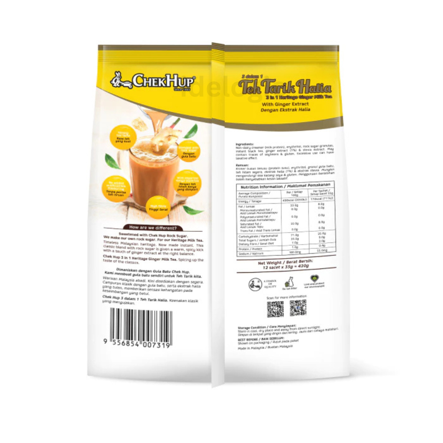 Teh Tarik Halia Ginger Milk Tea 2 Pack Chek Hup 3in1 (12 Sachets) Free Shipping