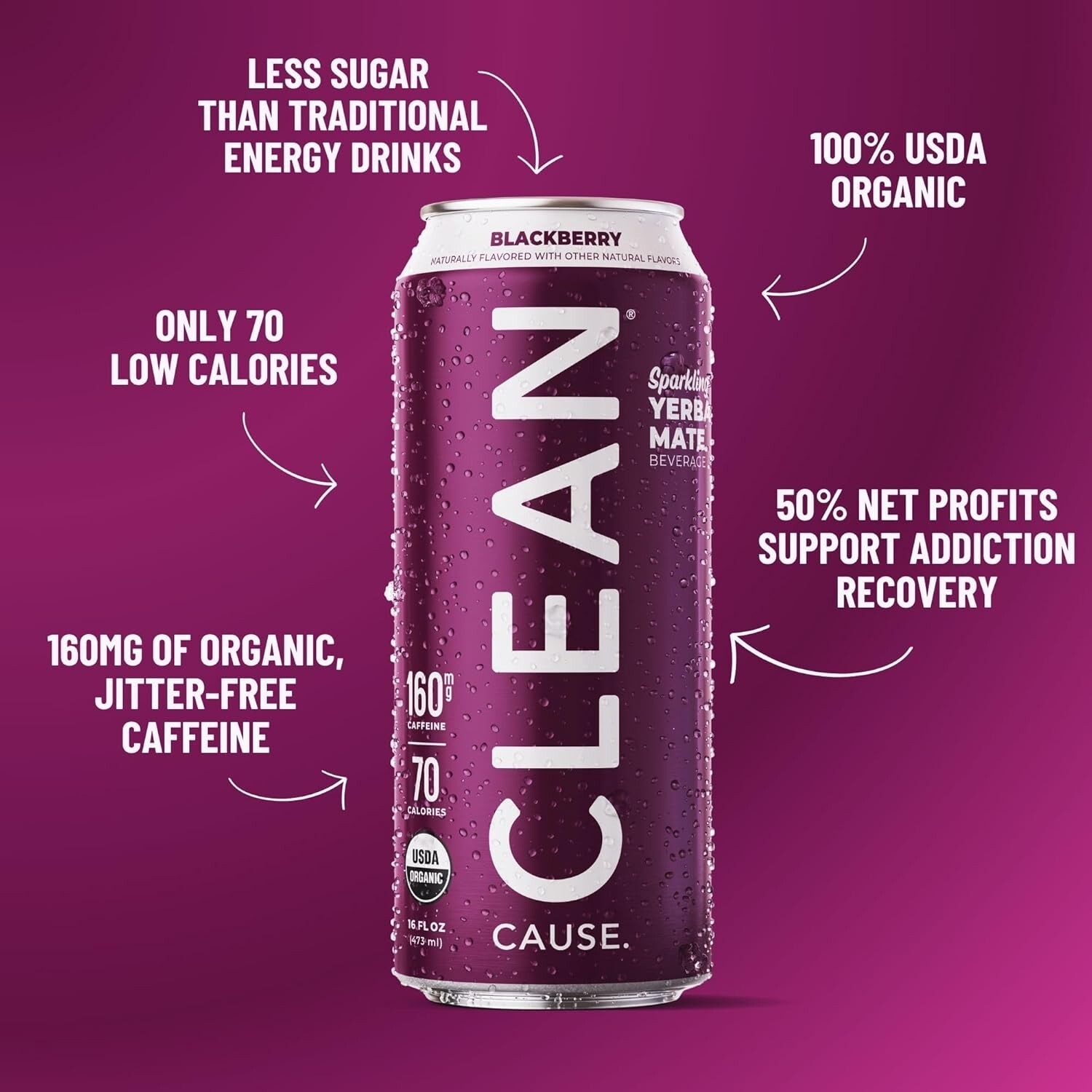 CLEAN Cause Organic Sparkling Yerba Mate 12-Pack – Low Cal, 160mg Caffeine/-