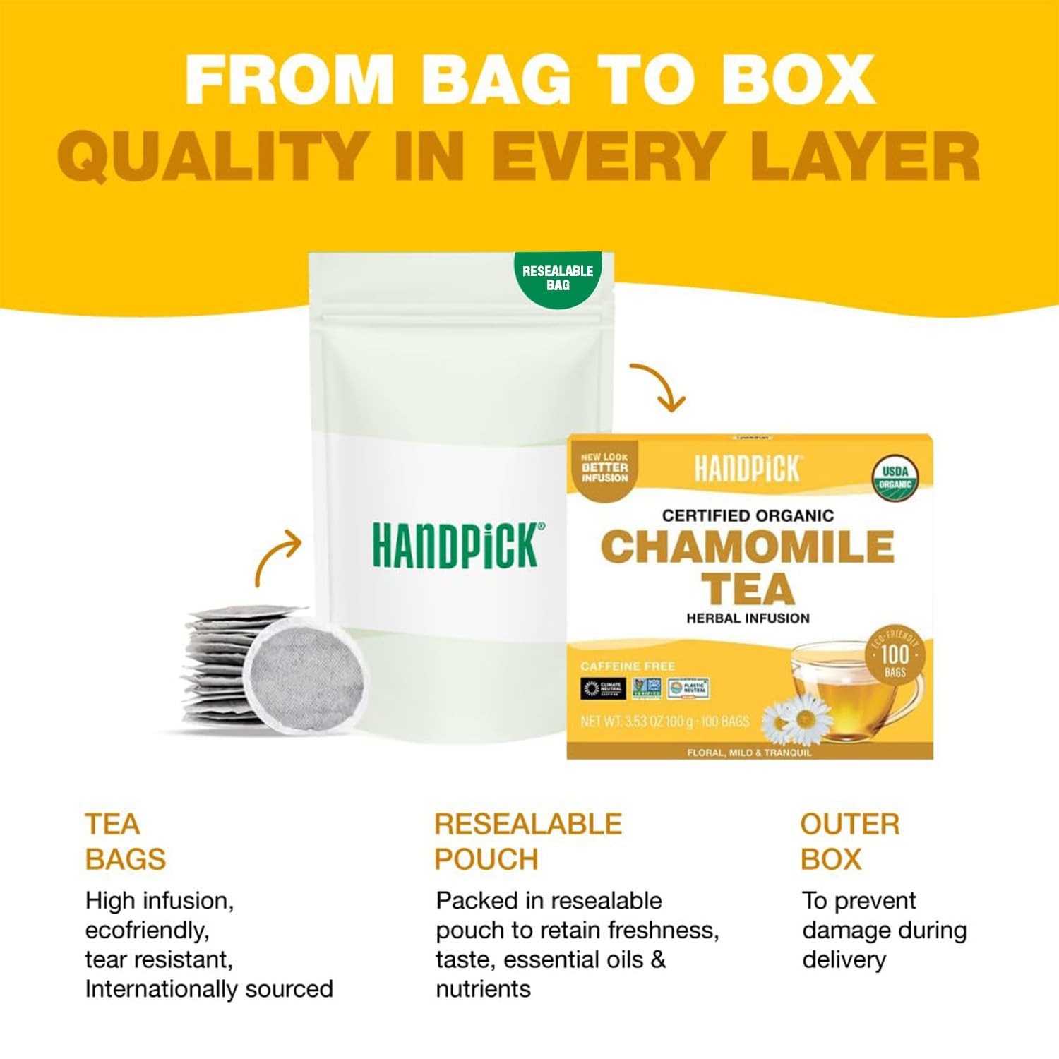 HANDPICK, Organic Chamomile Tea Bags (100 Herbal 100 Count (Pack of 1)