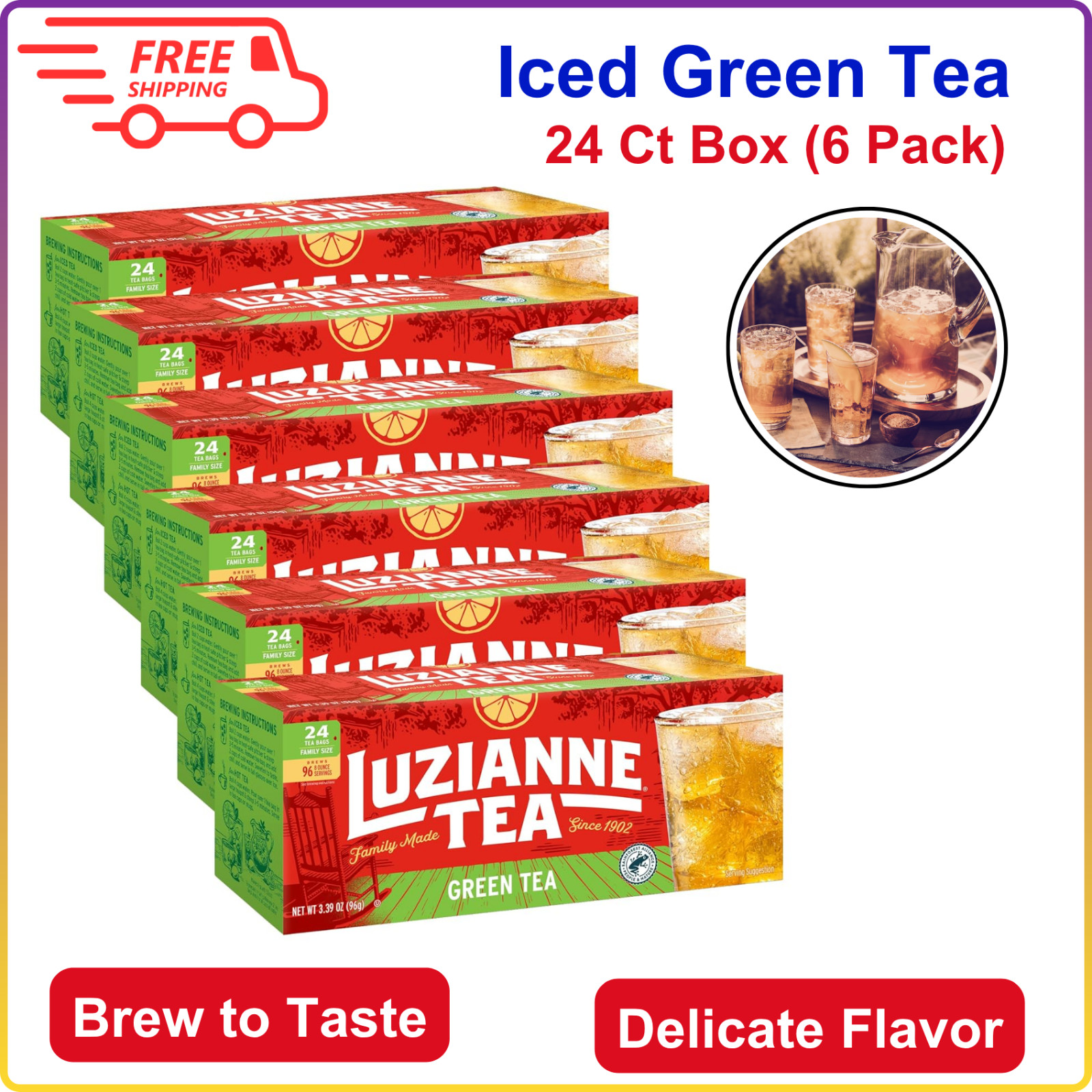 Luzianne Green Tea Bags, Family Size Unsweetened, 144 Tea Bag, 24 Ct Box(6 Pack)