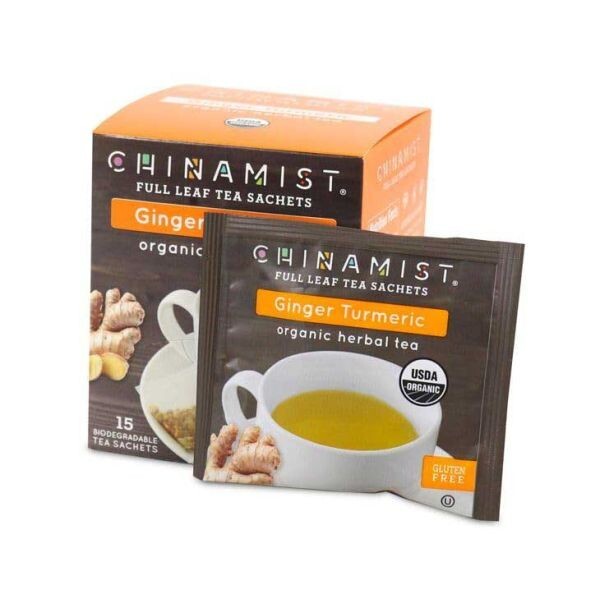 China Mist Full Leaf Tea Sachets, Ginger Turmeric Organic Herbal Tea, 4 boxes