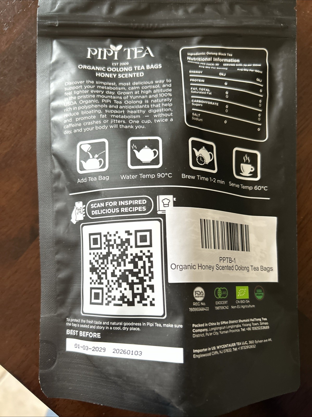 Pipi Tea Organic Honey Scented Oolong Tea- 20 bags – Exp 1-29 New Sealed