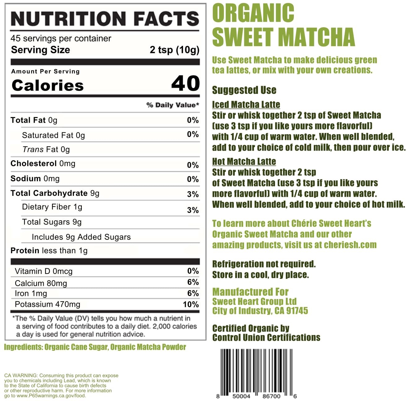 Organic Sweet Matcha Green Tea Powder – Cafe Style Blend by Cherie Sweet Hear…