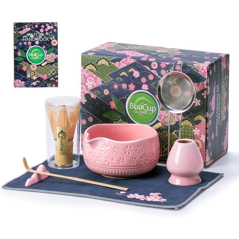 7 Pcs Matcha Set W/ Bowl Sifter Bamboo Scoop Holder Tea Towel Whisk Pink New