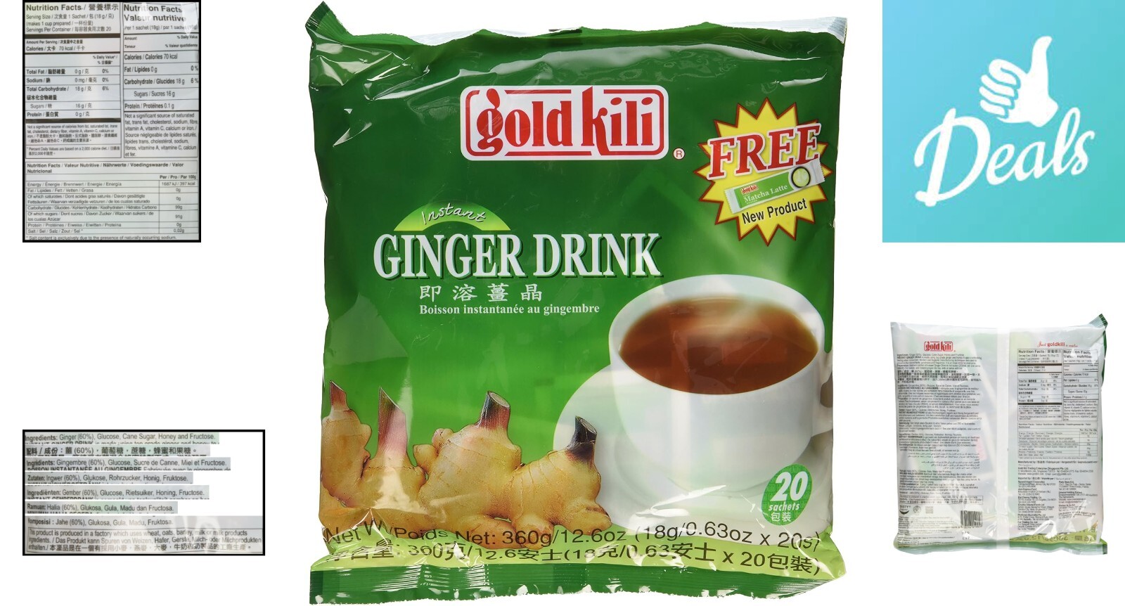 40 Sachets Ginger Drink with Honey – Instant Ginger Tea – 2 Bags, 2.6 oz