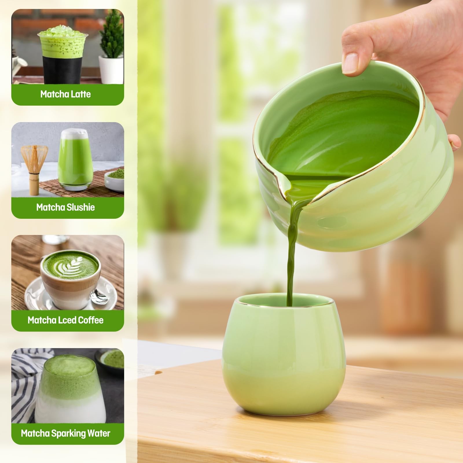 Japanese Style Ceramic Matcha Set – 9 Pcs Kit with 530ml Bowl, 2 Gold-Inlaid …