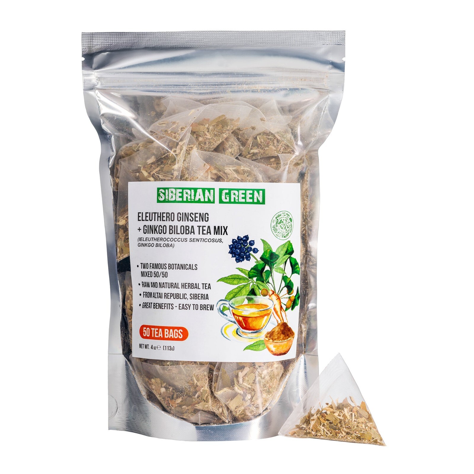 Siberian Green Ginkgo Biloba Tea with Eleuthero Root – 50 Tea Bags