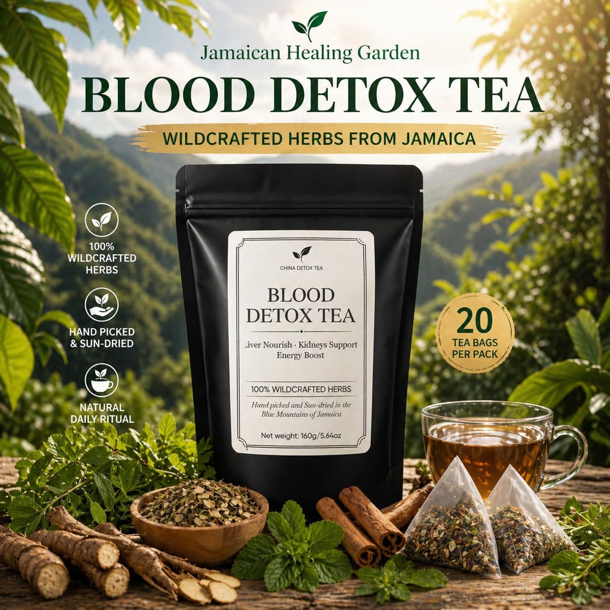 Jamaican Healing Garden Blood Detox Tea, Wildcrafted Herbs with Guaco, Burdoc…