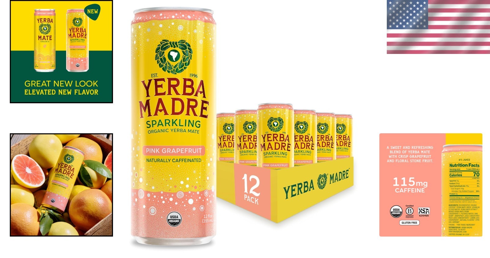 Yerba Madre Organic Sparkling Yerba Mate, Pink Grapefruit, 115Mg Natural Plant B