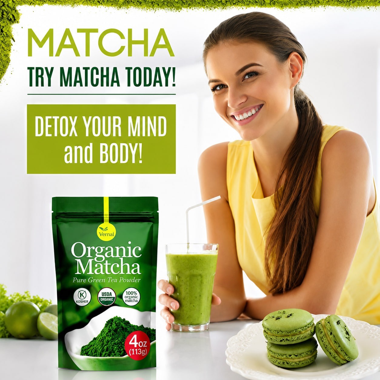 Organic Matcha Green Tea Powder for Latte Unsweetened Culinary Grade Vegan 2Pack