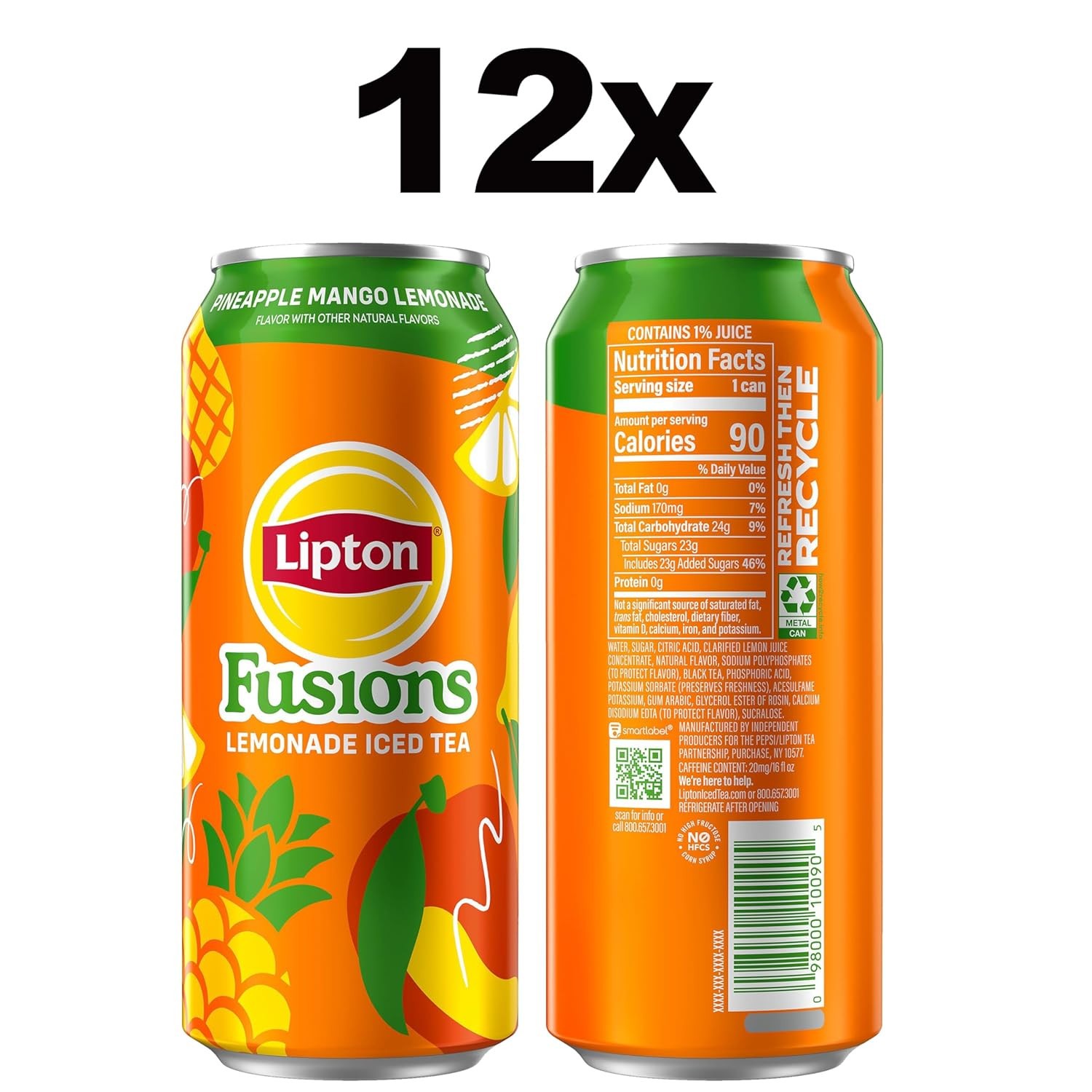 Lipton Fusions, Pineapple Mango Lemonade Iced Tea, 16 Fl Oz Cans, 12-Pack