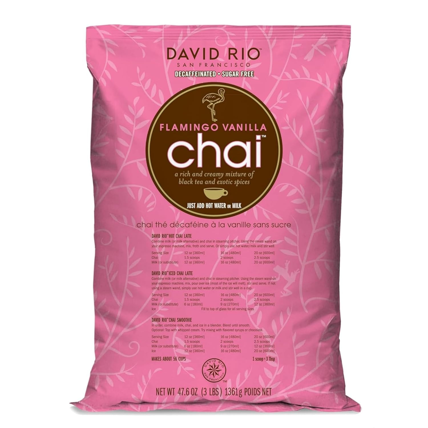 Flamingo Vanilla Decaffeinated Reduced Calorie Chai Tea Latte Mix, 48 Oz, Decaf