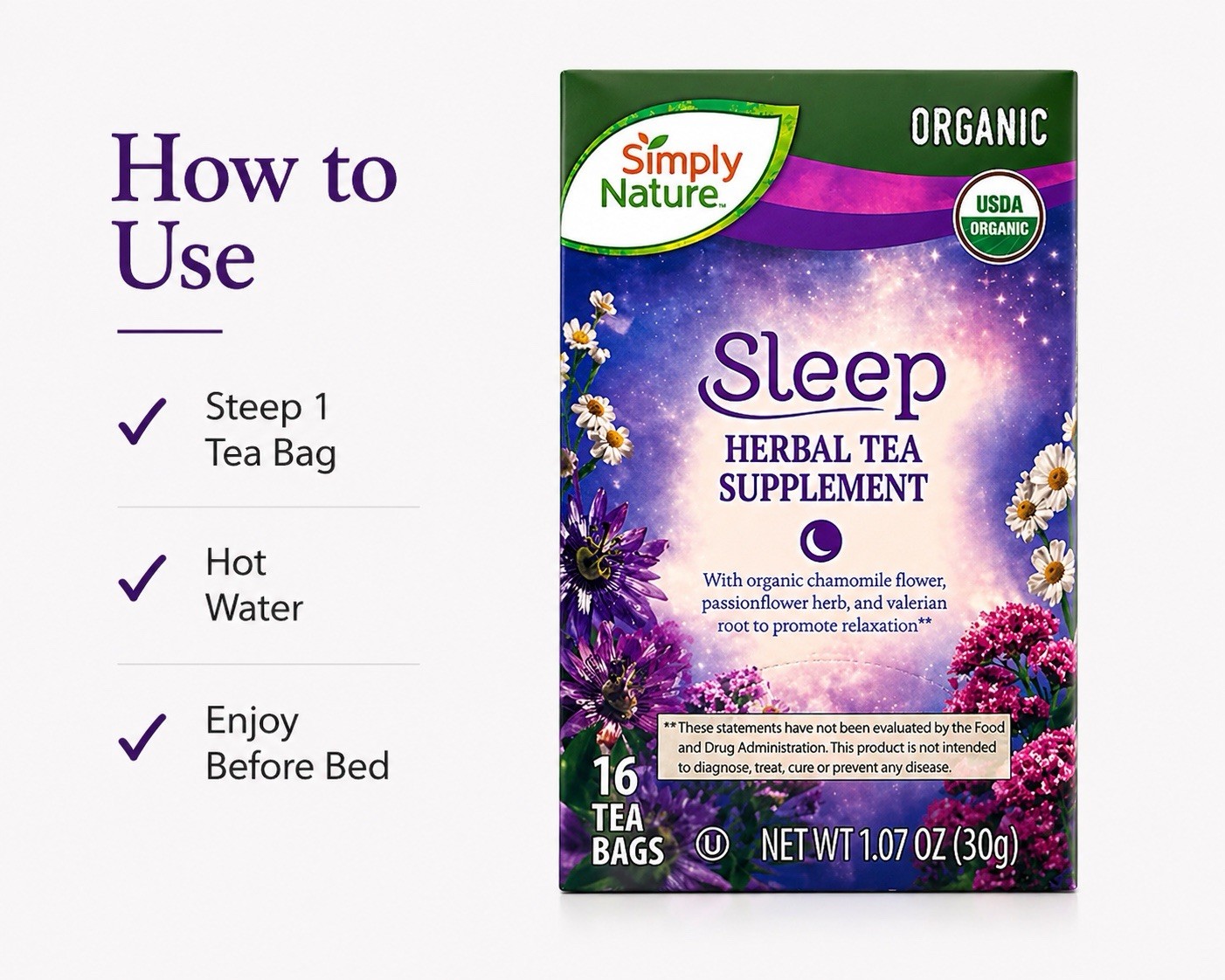 Organic Sleep Tea Chamomile Valerian Root Herbal Blend Nighttime Relaxation 16Ct
