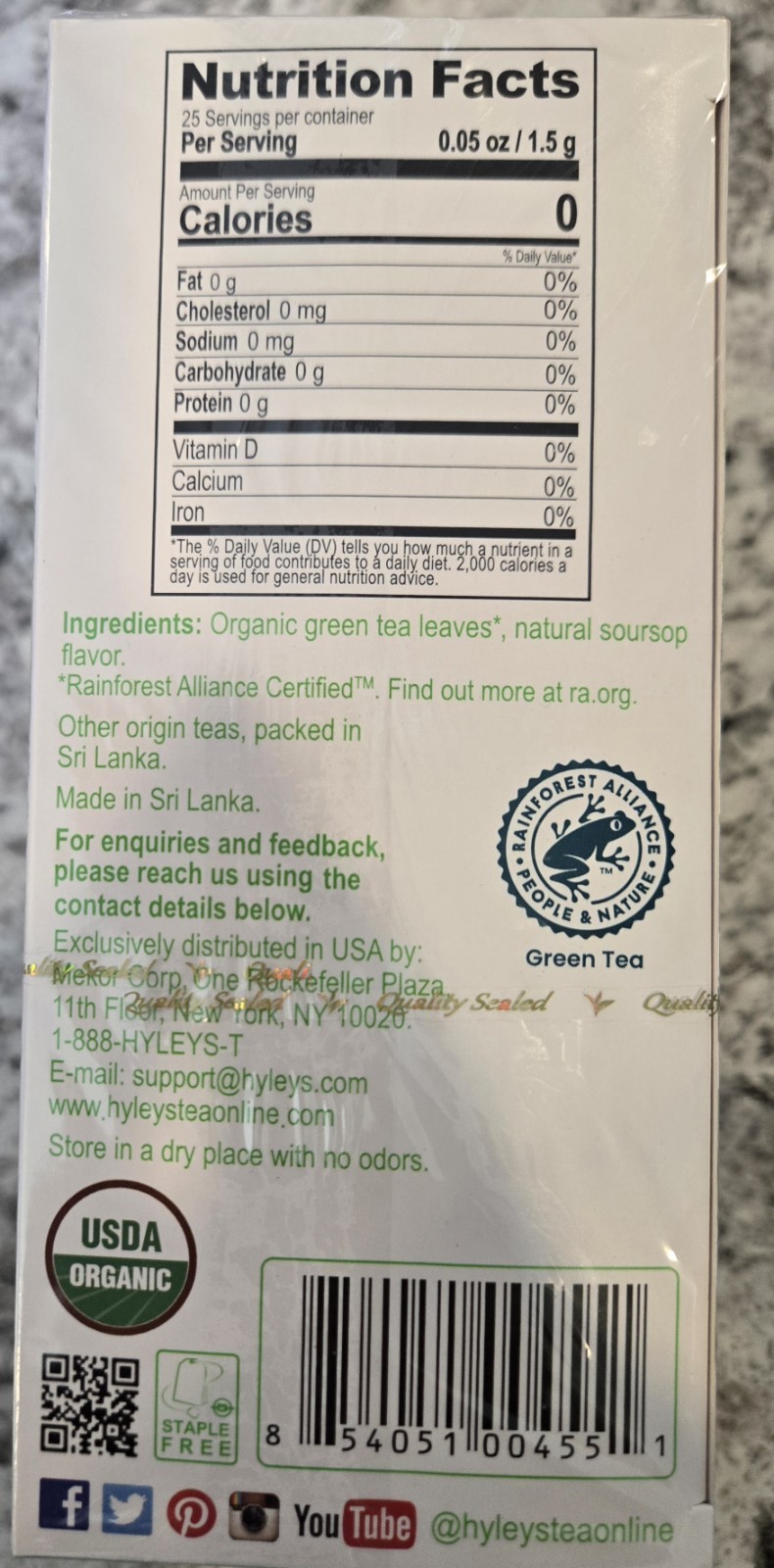 Hyleys Organic Green Tea 25 Ct. Exp. 11/26