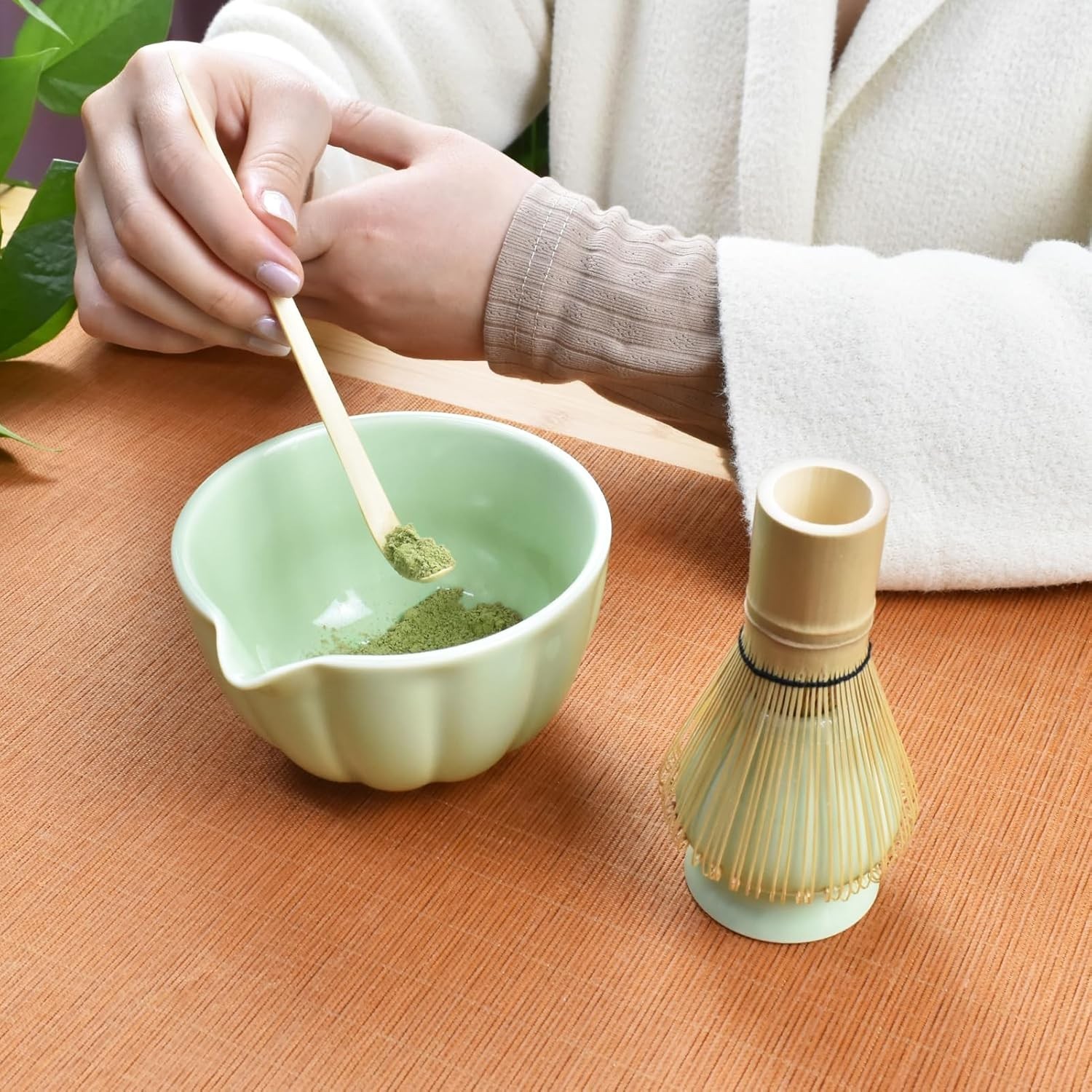 4PCS Matcha Tea Set Bowl Whisk Scoop Holder Japanese Tea Ceremony Kit Green