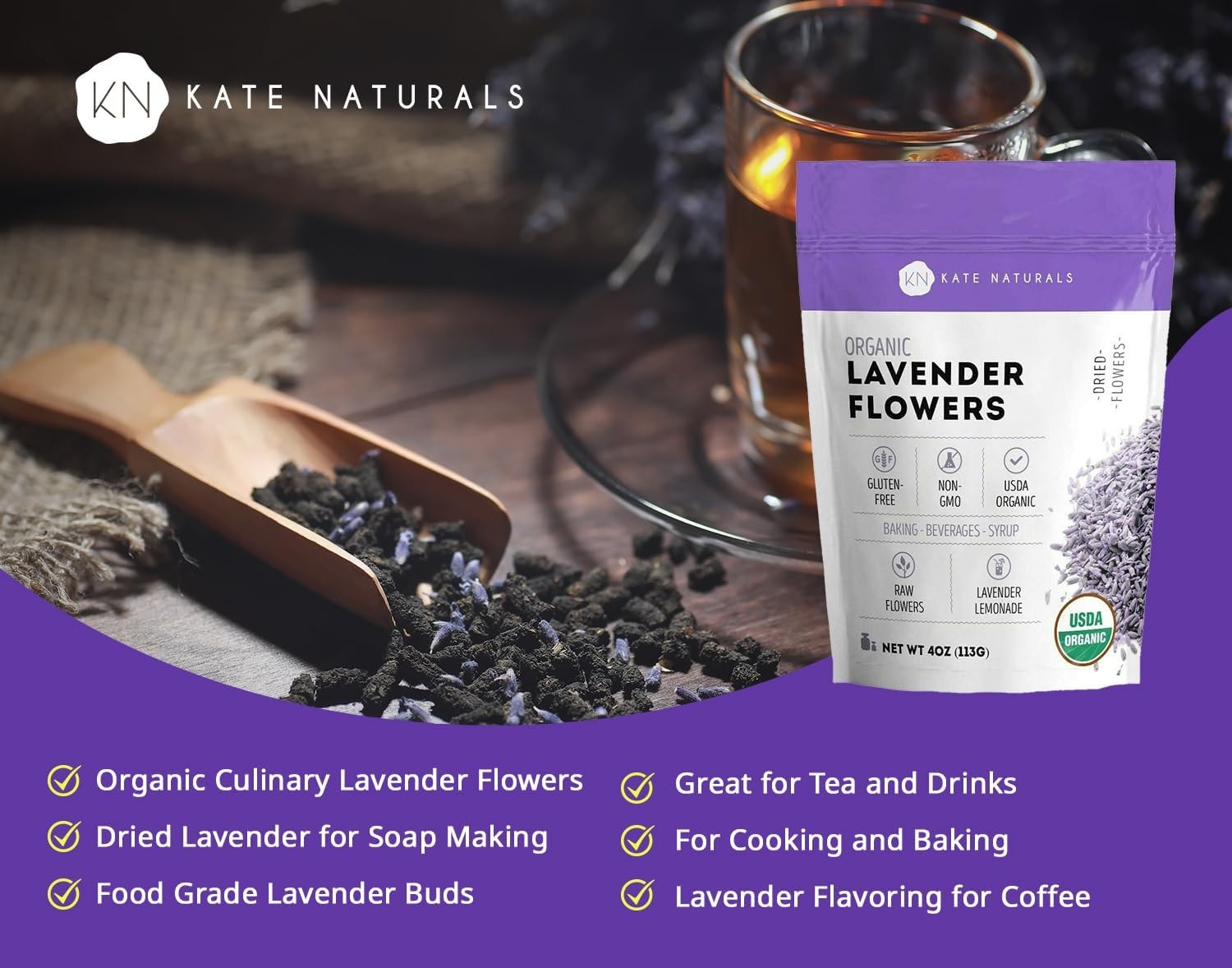 Kate Naturals Dried Lavender Flowers for Tea, 4 Ounce (Pack of 1), Purple