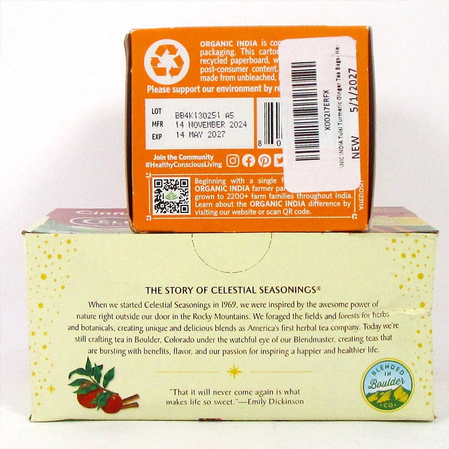 Organic India Tulsi Turmeric Ginger, Celestial Seasonings Cinnamon Apple Spice