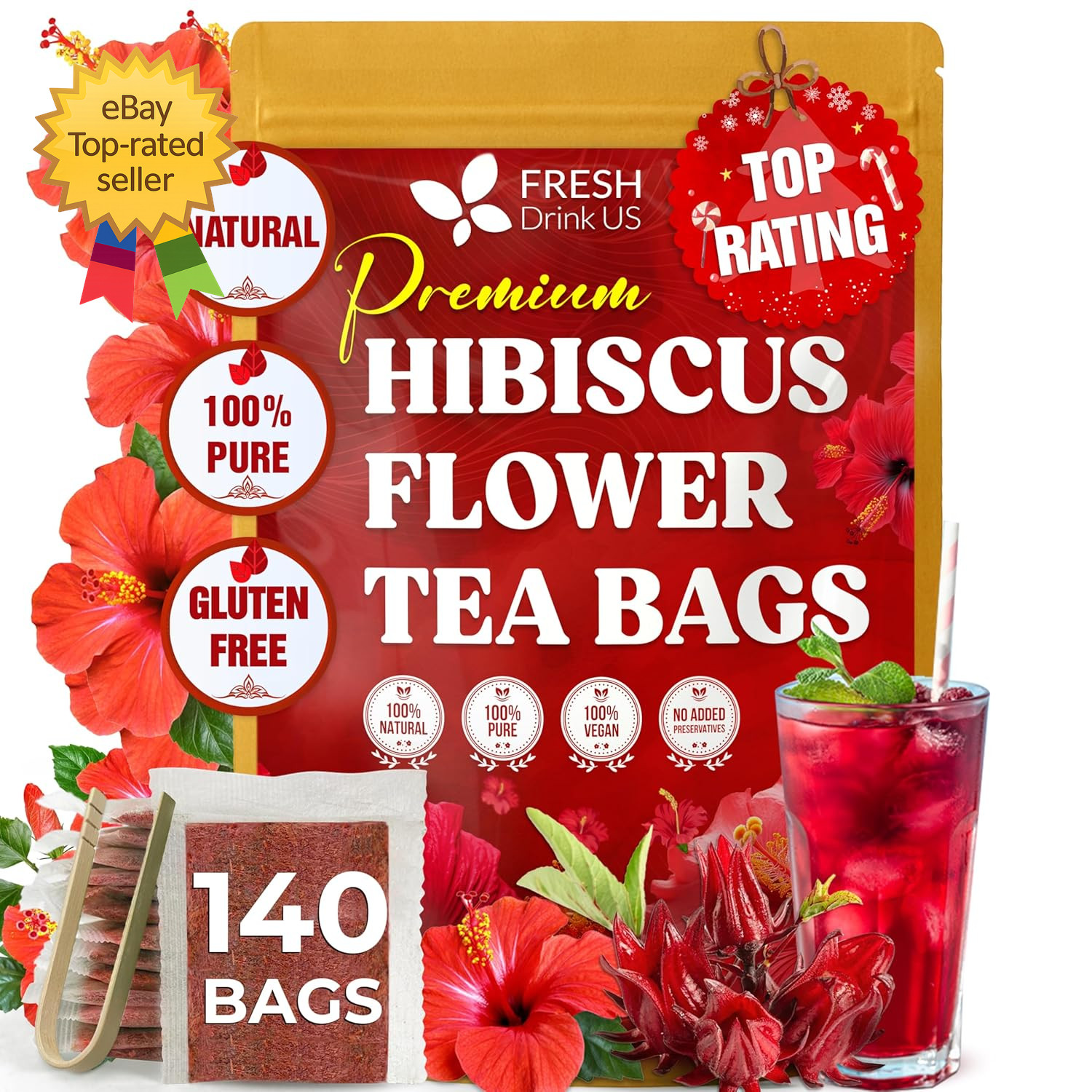 140 Hibiscus Flower Tea Bags Natural Herbal Loose Flower Tea Caffeine Free Vegan