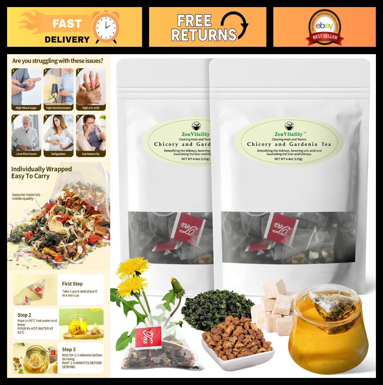 Organic Chicory & Gardenia Tea for Diabetics – Supports Blood Sugar, Digestion,