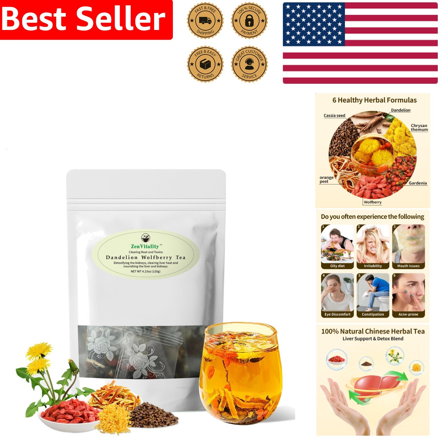 Organic Dandelion Goji Berry Tea Bags Kidney Liver Detox Eye Health Support 120g
