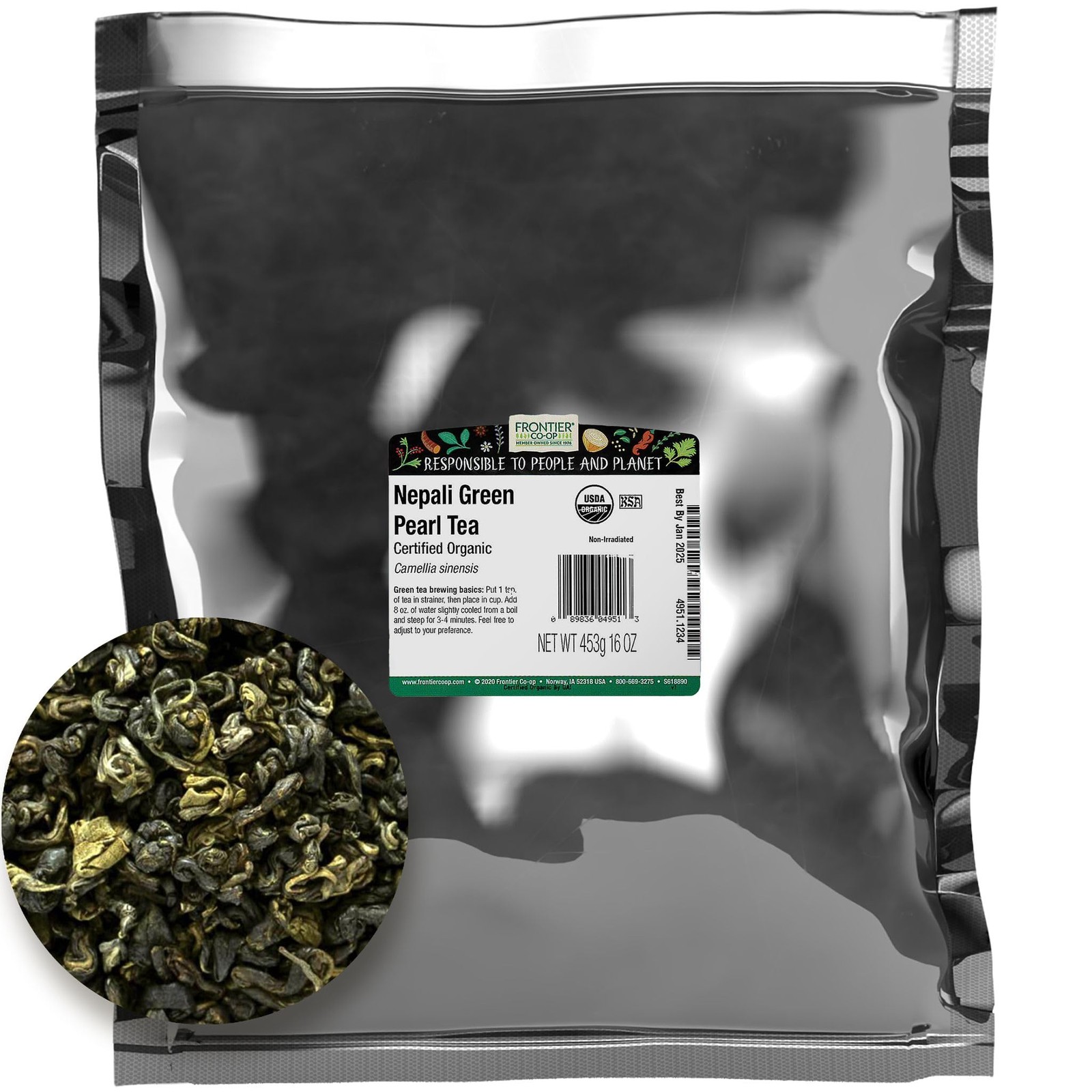 Frontier Co-op Nepali Green Pearl Tea 16 oz Premium Organic Whole Leaf Green Tea