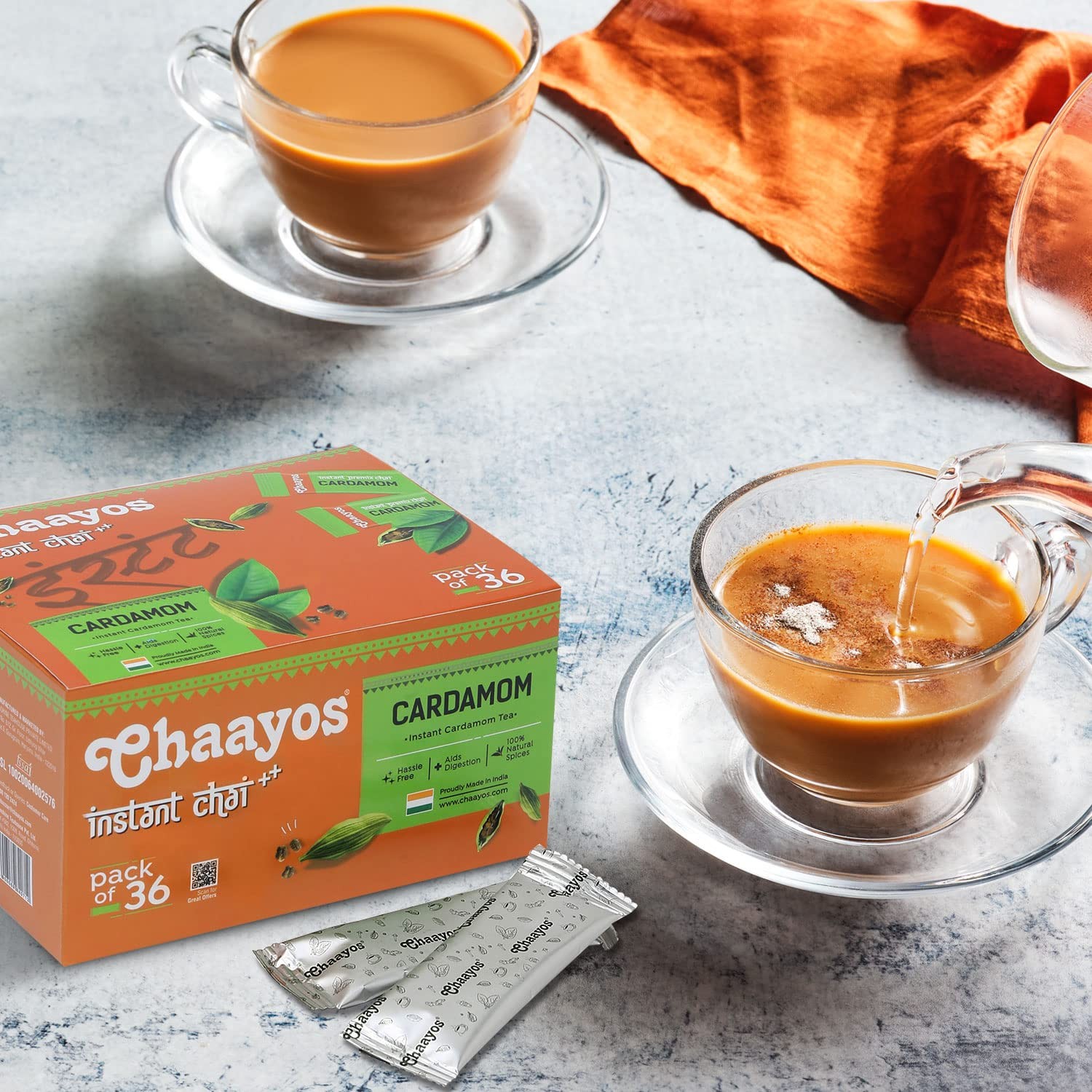 Chaayos Cardamom Instant Tea Premix | 36 Sachets Regular Sugar