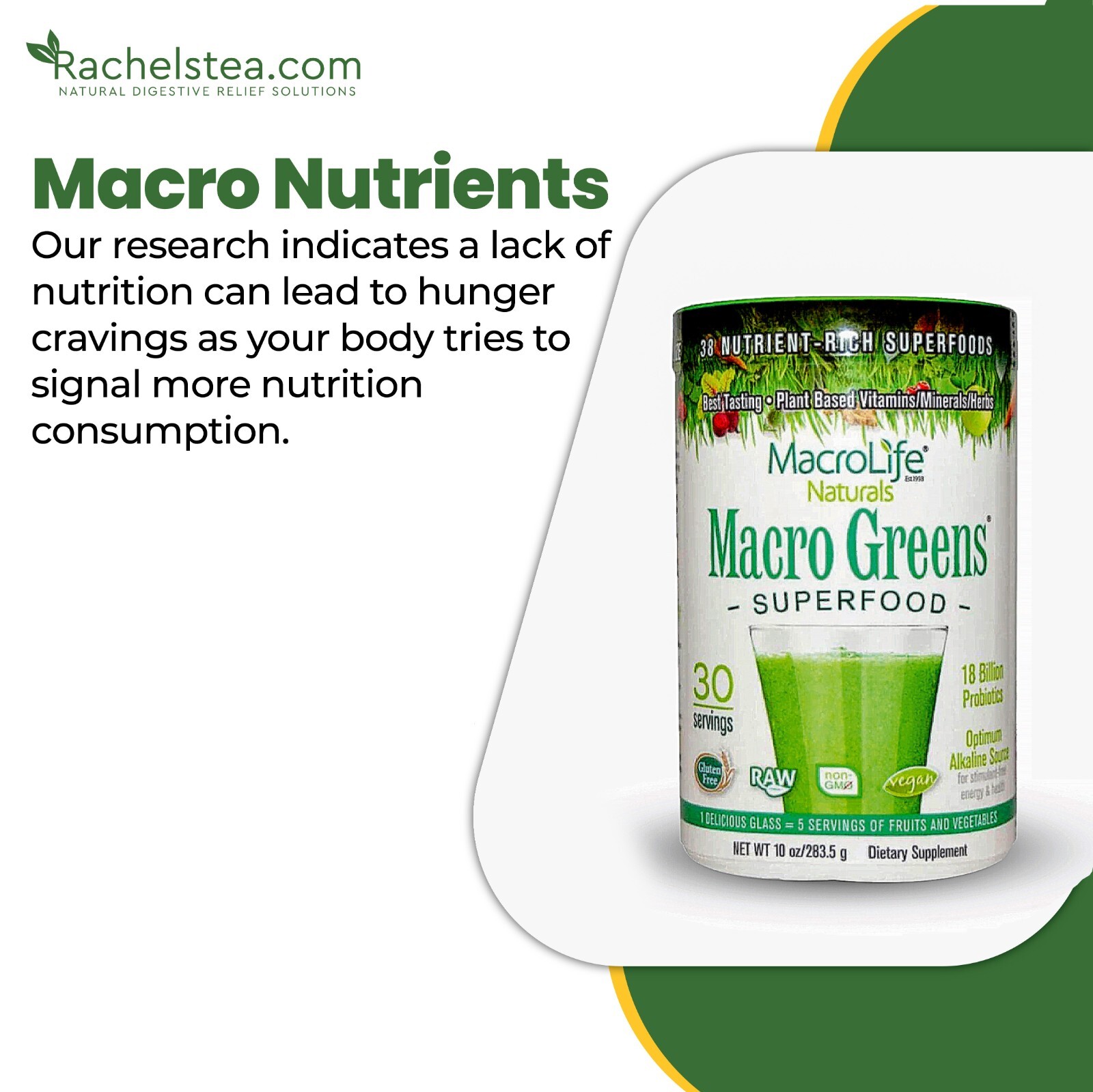 (30 Bags/60 Cups) Rachel’s Digestive Tea + Macro Greens 30 servings