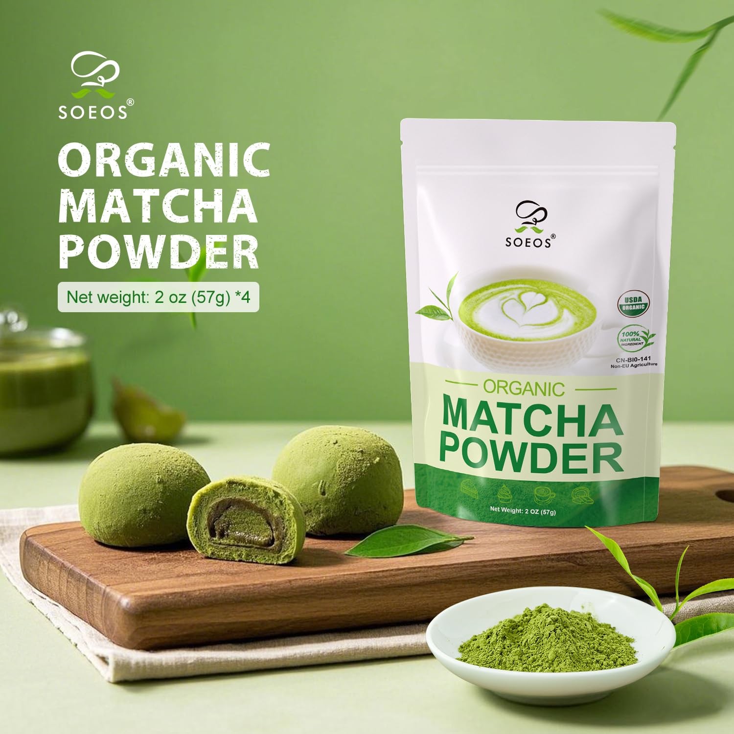 Soeos Organic Matcha Powder, Green Tea 2 2 Ounce (Pack of 4)