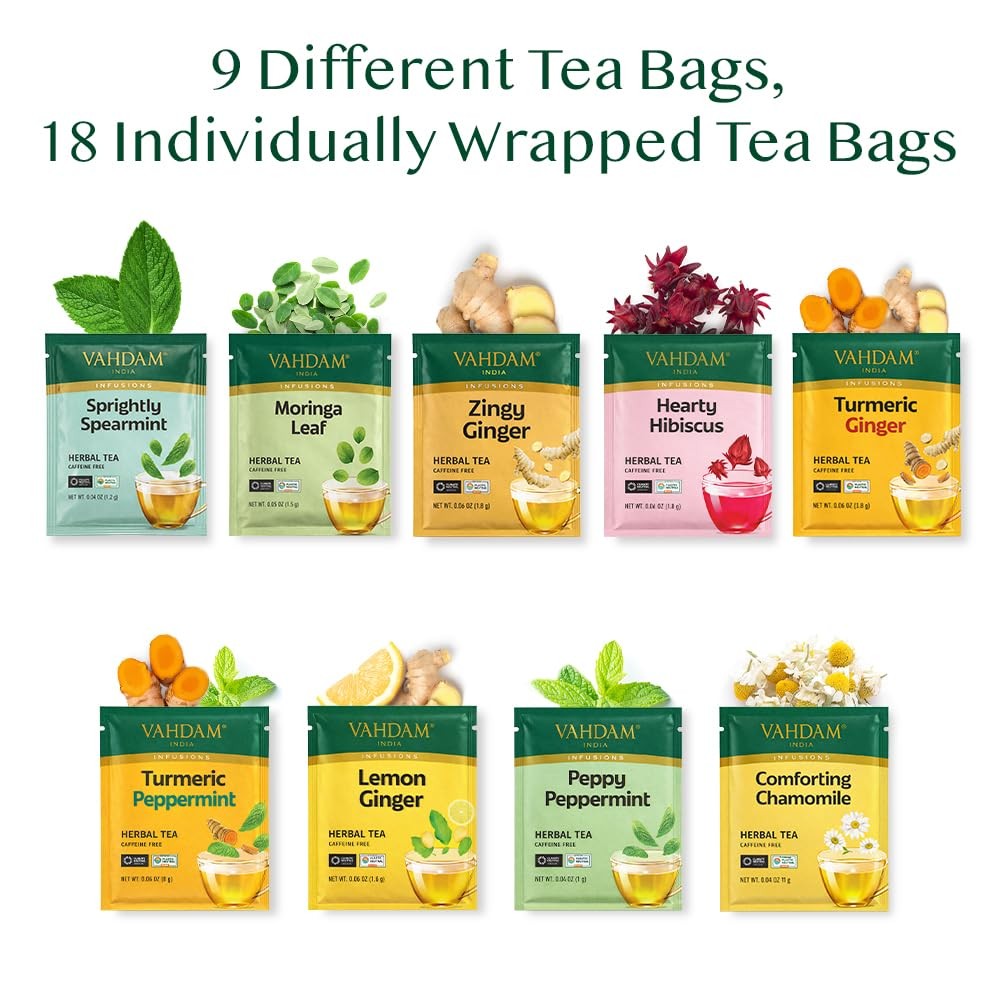 , Assorted Herbal Tea Sampler (18 Tea Bags, 9 Flavors) Caffeine-Free, Non-GMO…