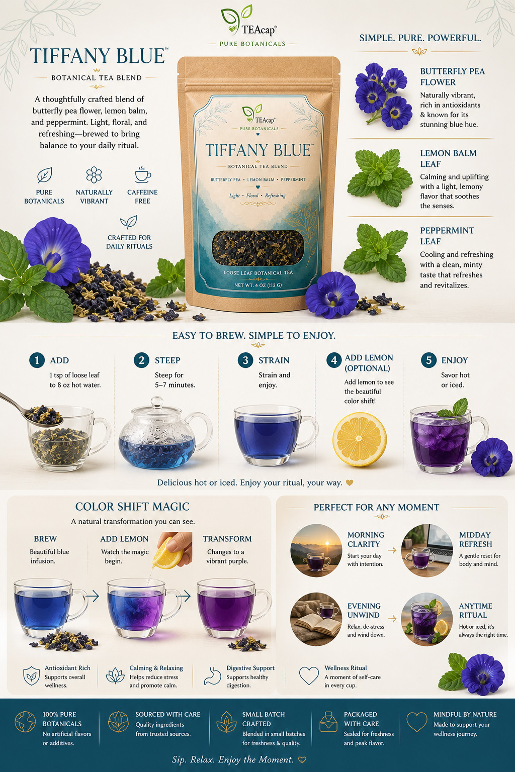 Gourmet Loose Tea A Blend of Peppermint, Butterfly Pea Flower Lemon Balm 3.5 OZ