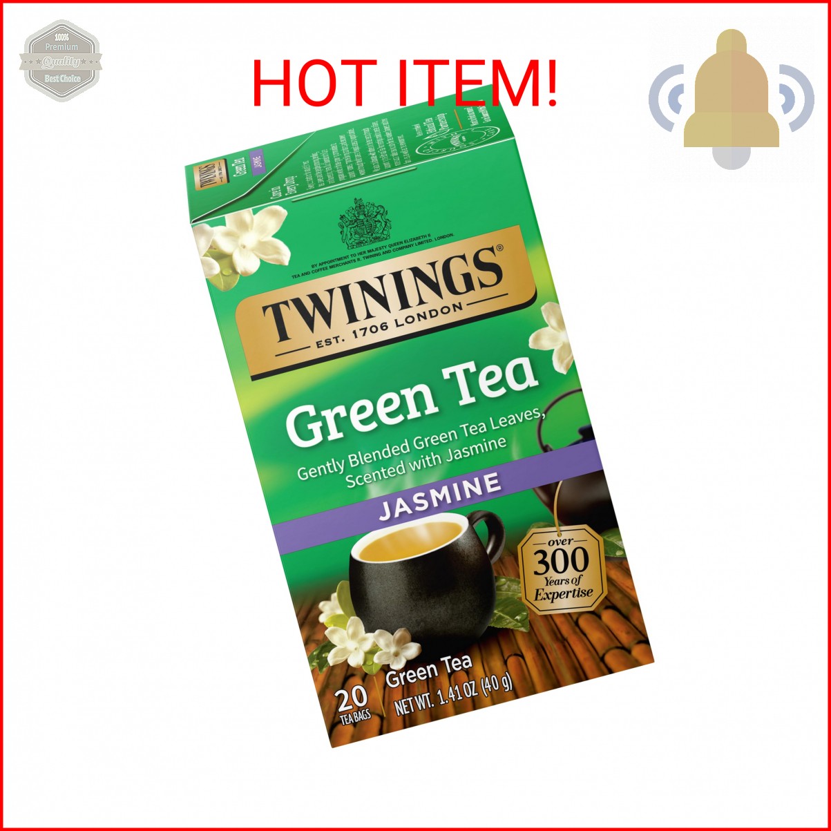 Twinings Green Tea with Jasmine Individually Wrapped Bags, 20 Count (Pack of 1),