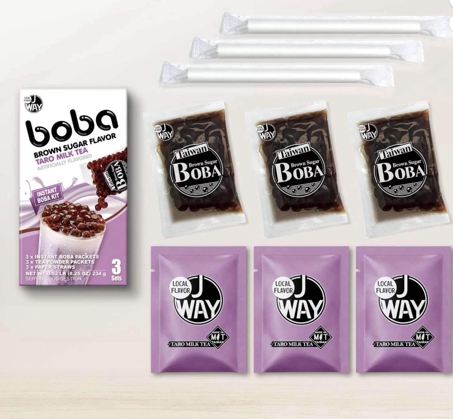 J Way Instant Boba Taro Milk Tea with Brown Sugar Pearls, 3 Drink Kit, 8.25. oz