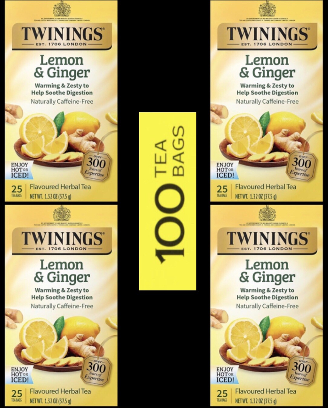 4 Box Twinings Lemon & Ginger Herbal Tea, Caffeine Free 100 Tea Bags 1.32 oz EA
