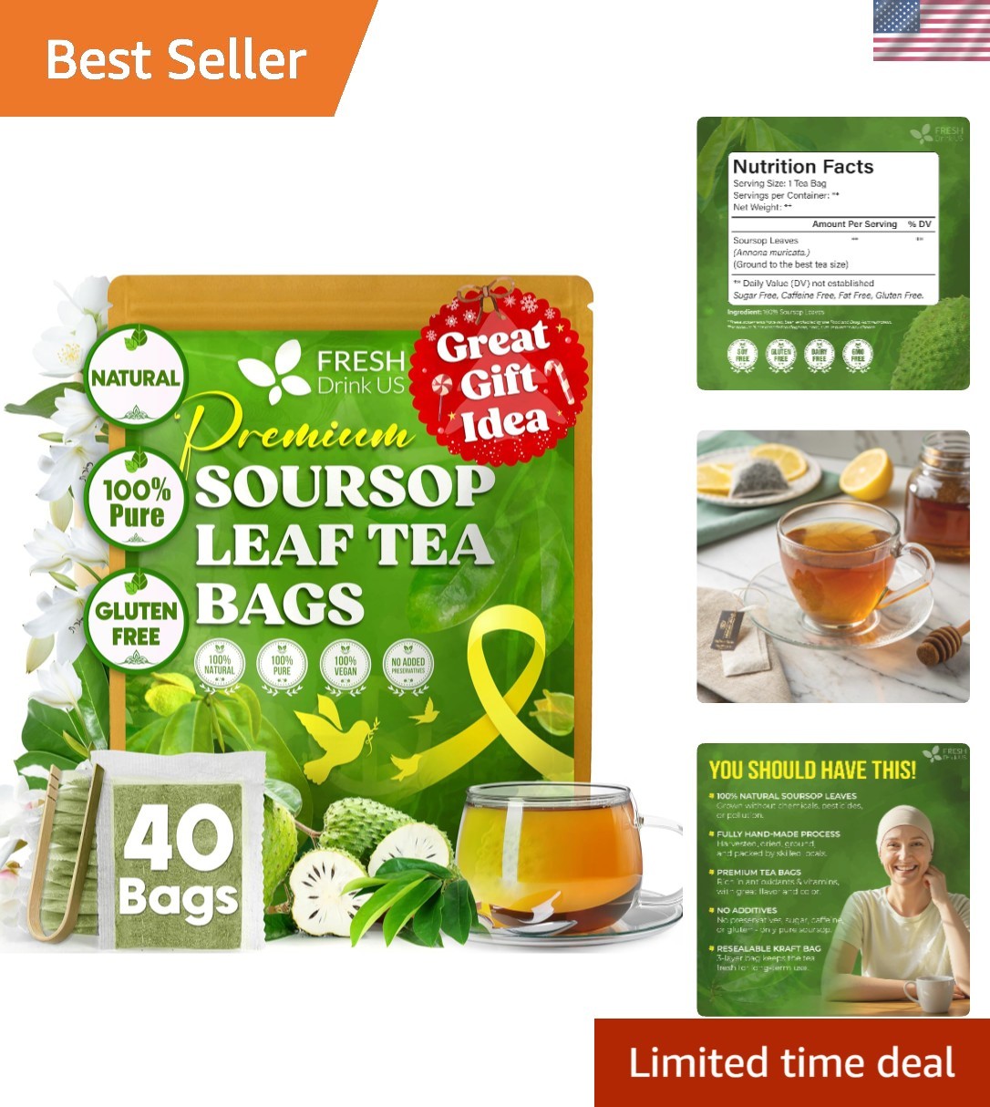 40 Soursop Graviola Leaf Tea Bags, 100% Natural and Pure from Soursop Leaves…