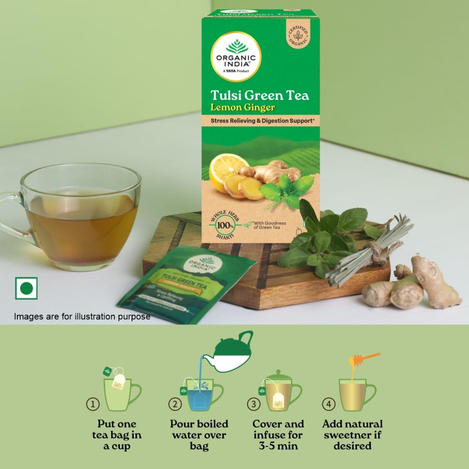 Organic India Tulsi Green Tea Lemon Ginger 25 Tea Bags | Supports Digestion